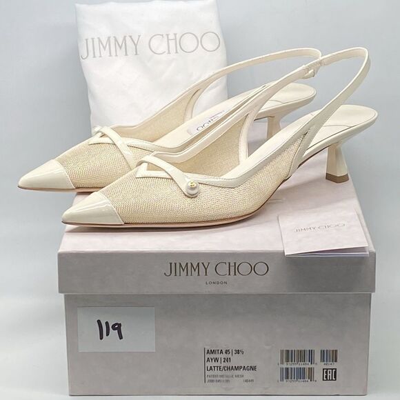 Jimmy Choo Amita Metallic Mesh & Patent Leather Slingback Pumps size 38.5 - Picture 13 of 15
